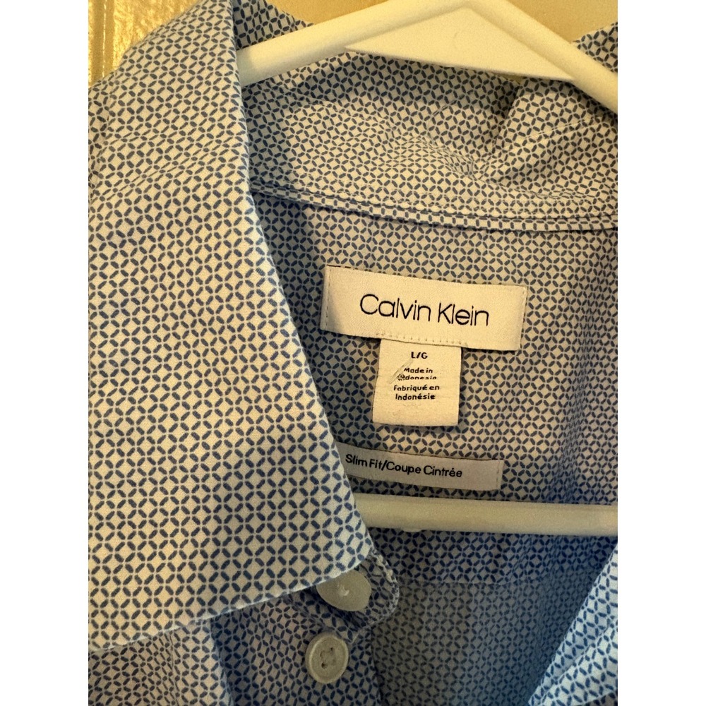 Calvin Klein Mens Slim Fit Geometric Micro Print Button Down Shirt Blue Large - Picture 2 of 7